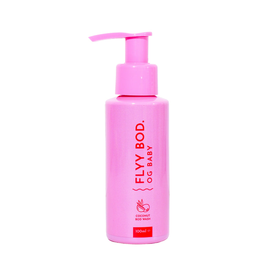 Vibrant pink pump bottle of FLYY BODY OG BABY Coconut Body Wash, 100ml, from an Australian natural body care line, perfect for skin hydration and skin nourishment, and the allure of exotic coconut-infused skincare.