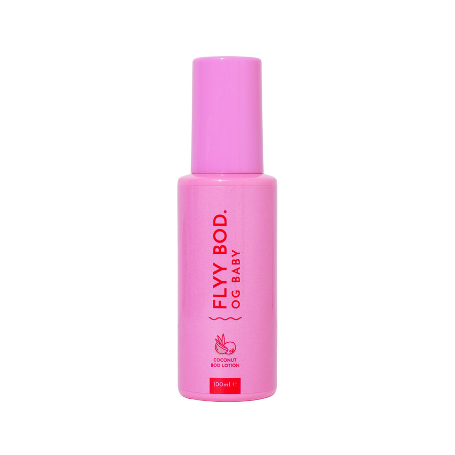 Australian-formulated Flyy Bod OG Baby coconut body lotion in a bright pink 100ml container, perfect for skin hydration and skin nourishment, showcased with bold lettering and tropical coconut imagery, ideal for boosting skin health and beauty routines in Australia.