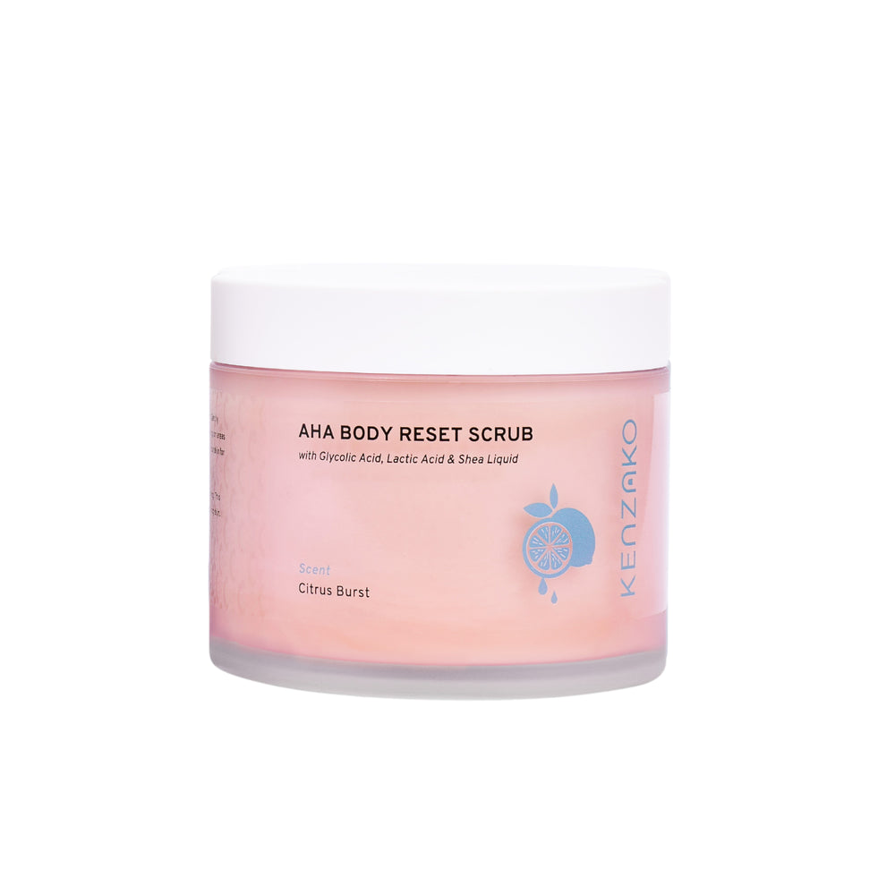 Pink jar of KENZAKO AHA Body Reset Scrub with glycolic, lactic acids, shea liquid, in Coco Lime scent, for treatment of keratosis pilaris, dry skin and skin bumps in Australia. Viral TikTok product.