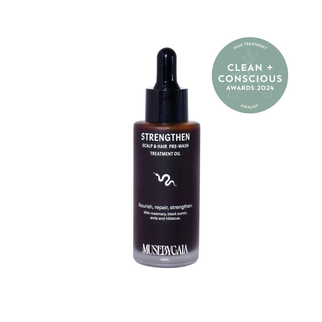 Strengthen Scalp Hair Growth Treatment Infused with Rosemary oil for Hair Growth Awarded Finalist in Clean + Conscious Awards 2024. Nourish, repair, and strengthen hair with ingredients like rosemary oil, black cumin, amla, and hibiscus. 50ml bottle. Australian made beauty product for healthy hair. 50ml bottle.
