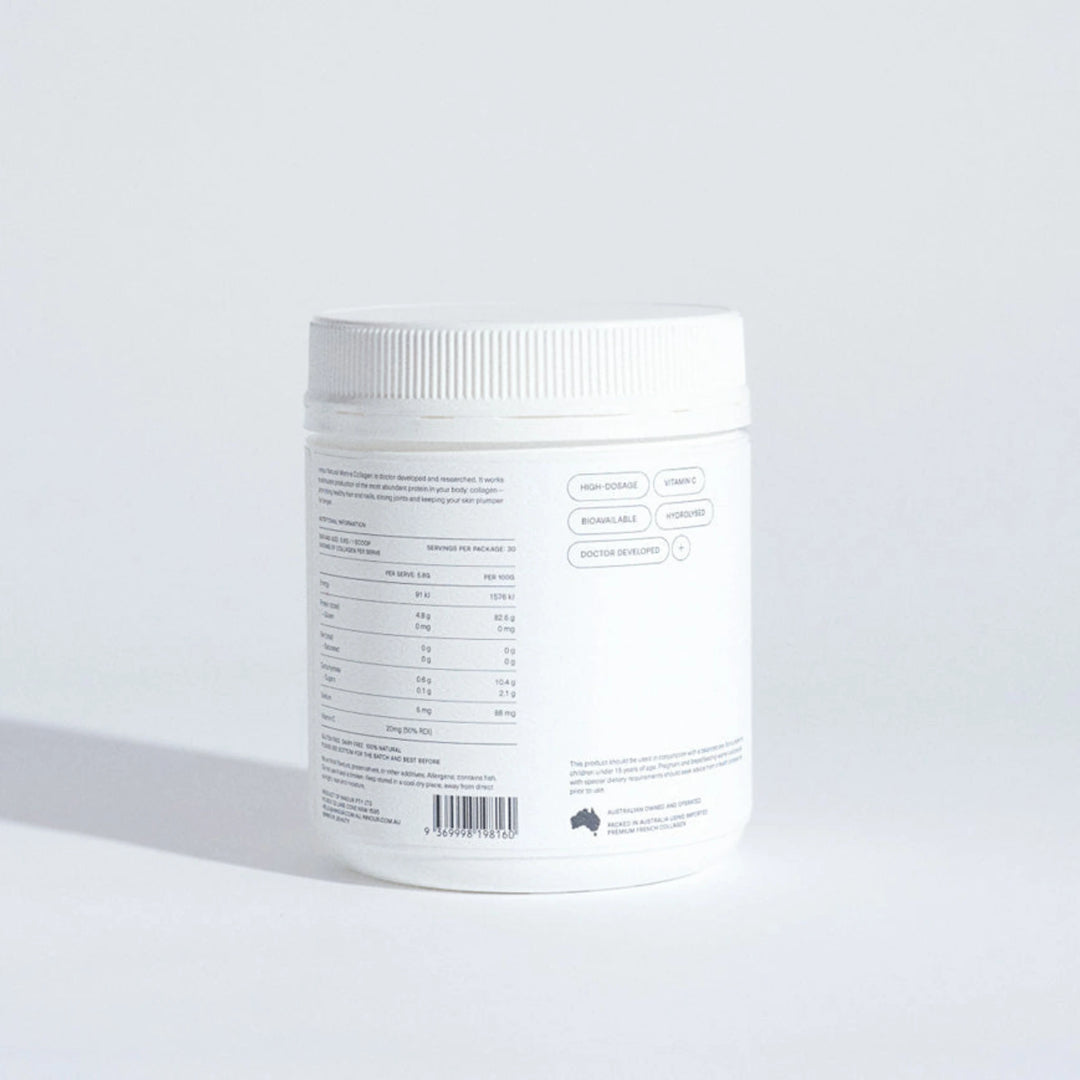 Innour berry flavour marine collagen powder Australia with nutritional value showcase on a white background. Shop at VAMS Beauty, Australian skincare products.