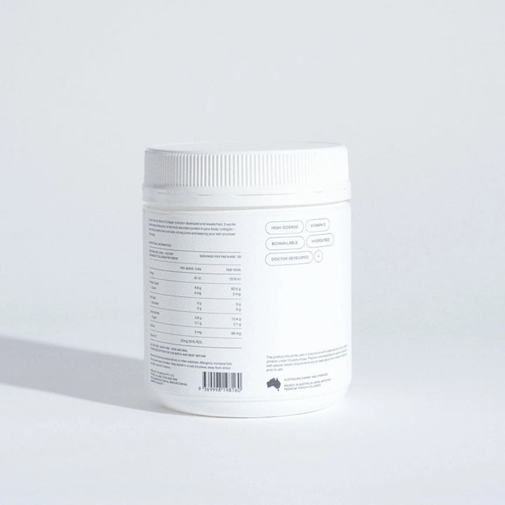 Innour berry flavour marine collagen powder Australia with nutritional value showcase on a white background. Shop at VAMS Beauty, Australian skincare products.