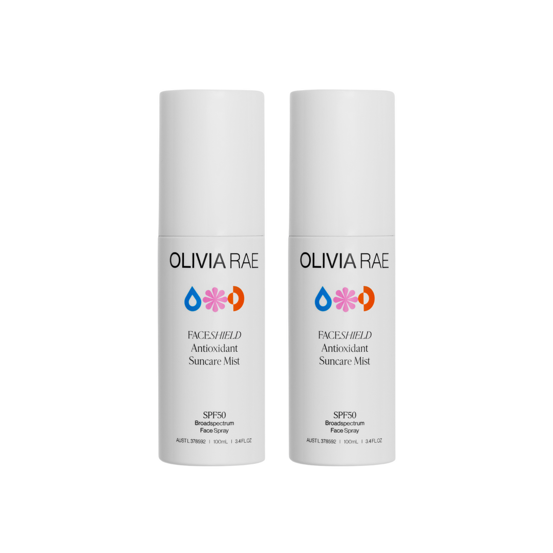 Shop Olivia Rae's FACESHIELD SPF50 Antioxidant Sunscreen Mist, a broad-spectrum face spray from VAMS BEAUTY SHOP Australia, perfect for comprehensive UV protection with hydrating skincare benefits.