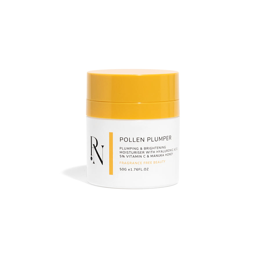 A jar of Pollen Plumper moisturizing and brightening plumper by PollenNation Skin. The jar has a white label with black and orange text and an orange lid. The label lists ingredients such as hyaluronic acid, 5% Vitamin C, and manuka honey. It is marked as fragrance-free beauty and contains 50g or 1.76 fl oz of product.