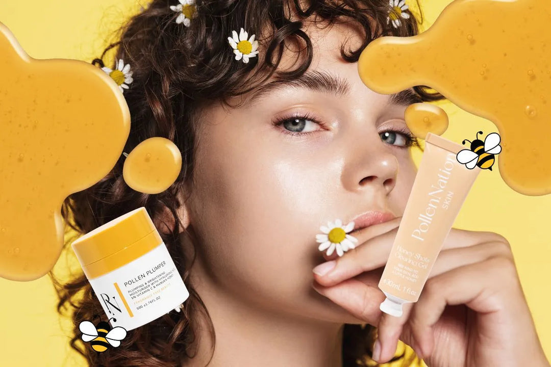 Pollen Nation Skin products featuring Pollen Plumper Moisturiser and Honey Shots Clearing Gel, showcased alongside a model with glowing, dewy skin and chamomile flowers, emphasizing the natural honey-based skincare benefits for sensitive skin.