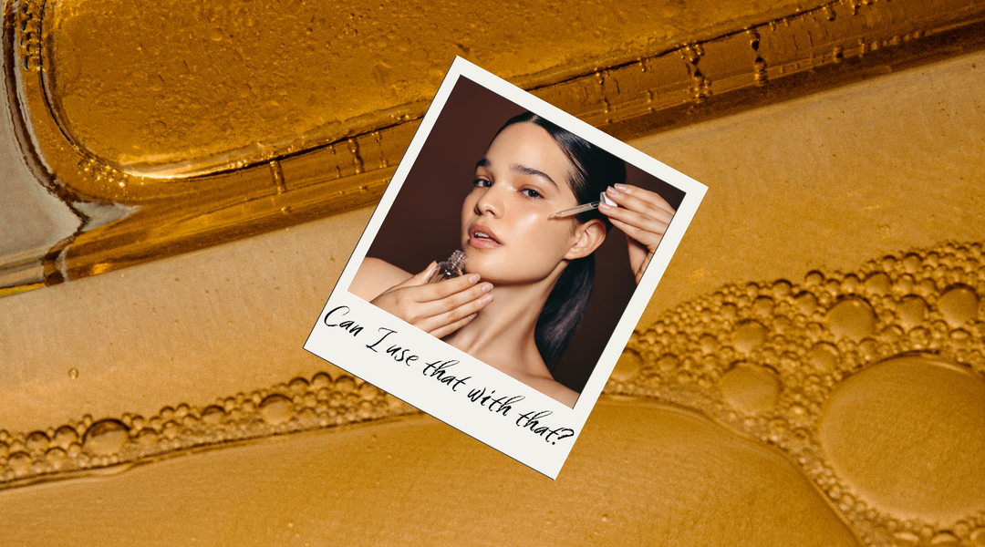 Close-up of skincare application featuring a woman applying serum with a dropper, asking 'Can I use that with that?' highlighting the importance of pairing skincare ingredients correctly for glowing skin. Ideal for natural skincare Australia.