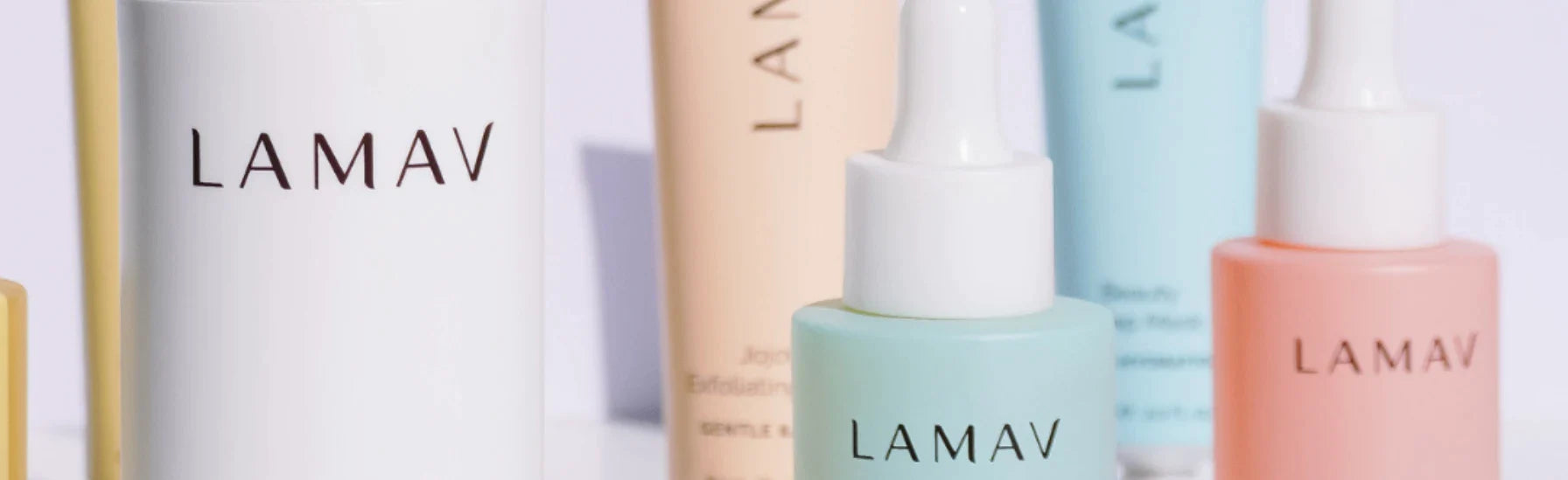 Discover LAMAV's organic skincare range at Vams Beauty, featuring Australian-made gentle exfoliating creams and soothing serums in minimalist pastel packaging.