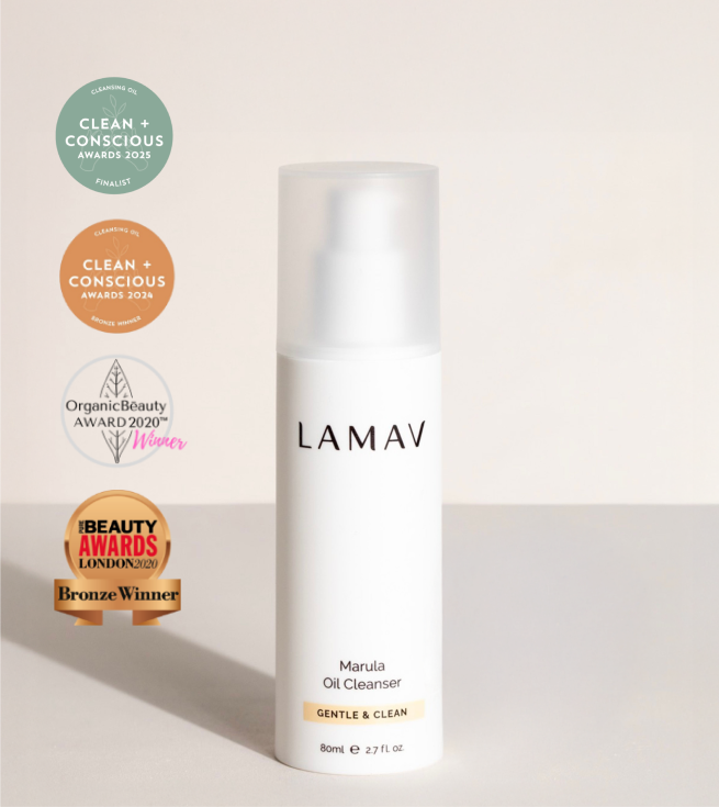 LAMAV Marula Oil Cleanser award badges including Clean + Conscious Awards 2023 and 2024
