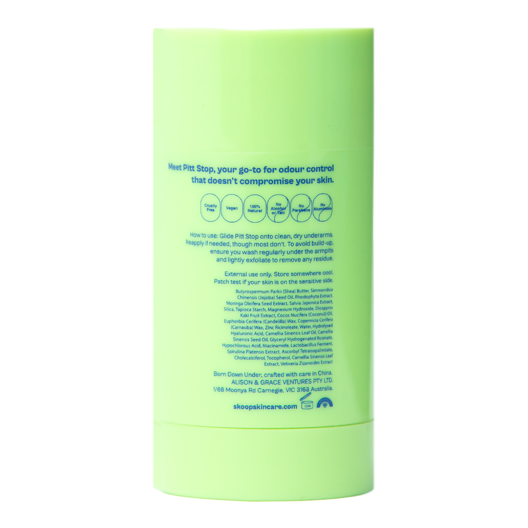 the back of best natural deodorant for women in a green roll on from Skoop Skincare