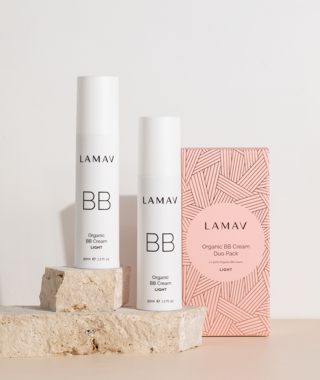 LAMAV organic BB cream bottles and packaging on a neutral background