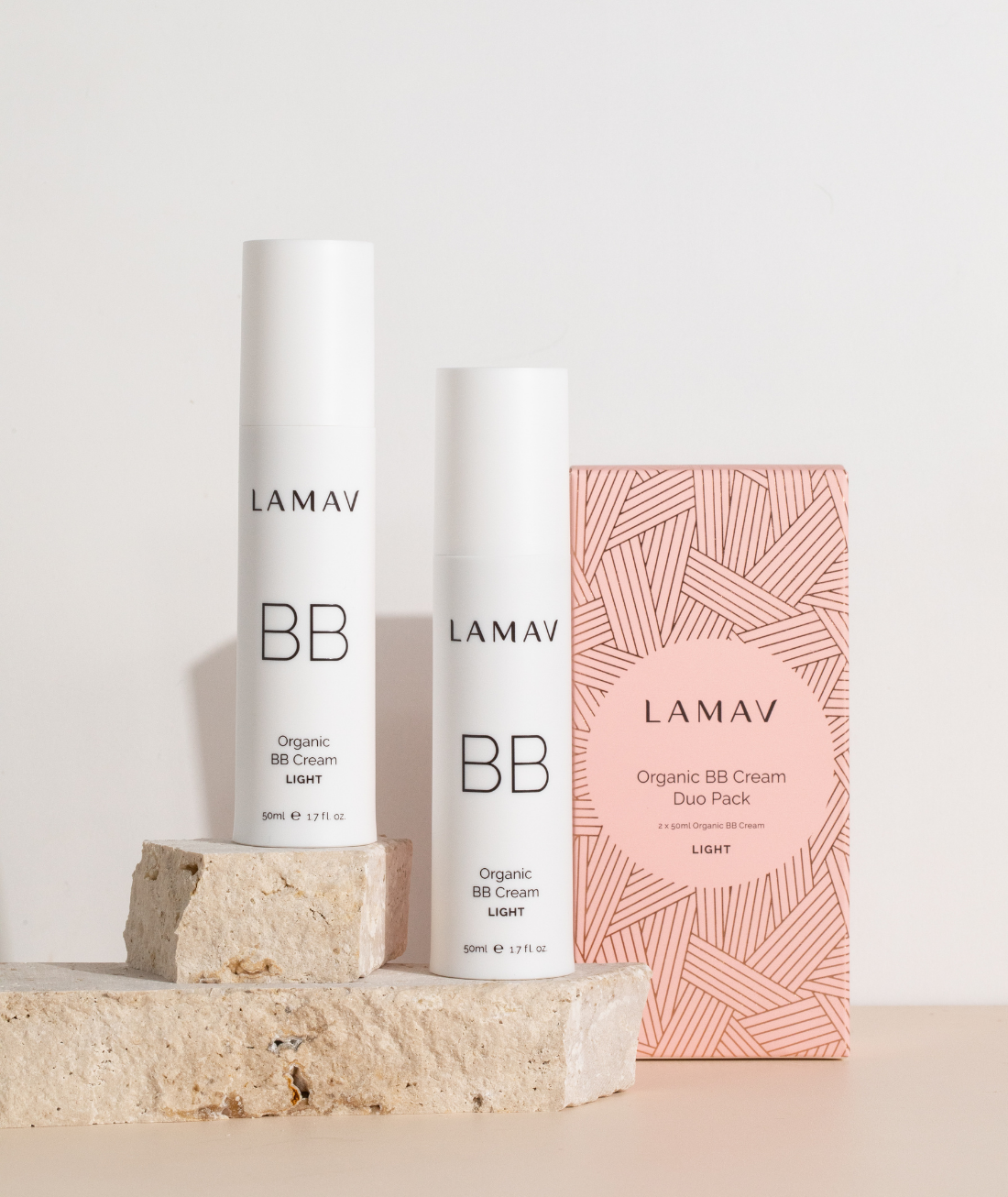 LAMAV organic BB cream bottles and packaging on a neutral background