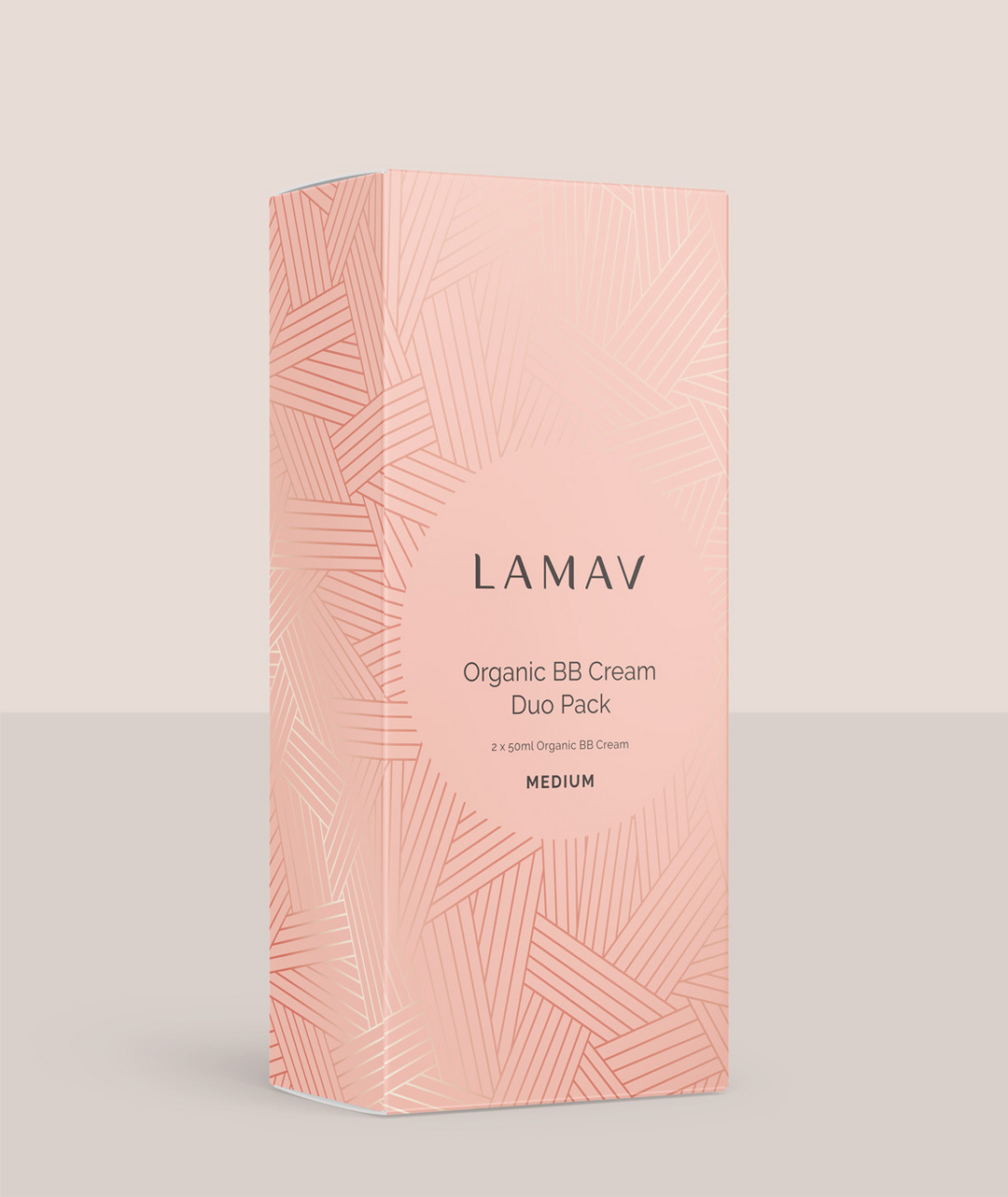 Pink packaging of LAMAV Organic BB Cream Duo Pack on a light gray background