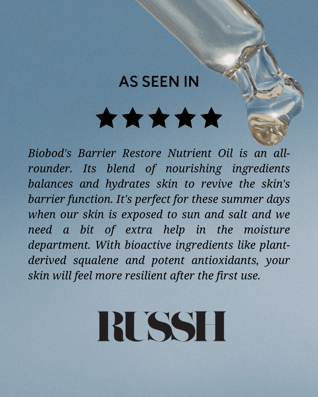 Biobod's Barrier Restore Nutrient Oil with dropper on a blue background, featuring text about the product. Face oil for acne prone skin