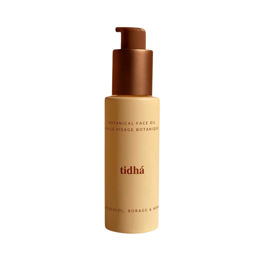 A standalone Tidhá Botanical Face Oil bottle highlighting bakuchiol, borage, and hemp ingredients, ideal for Australian consumers looking for vegan skincare options.