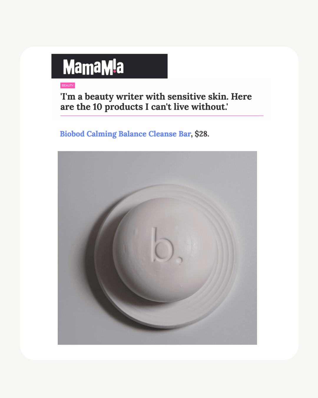 Biobod Calming Balance Cleanse Bar face wash for sensitive combination skin on a white background with 'MamaMia' text overlay.