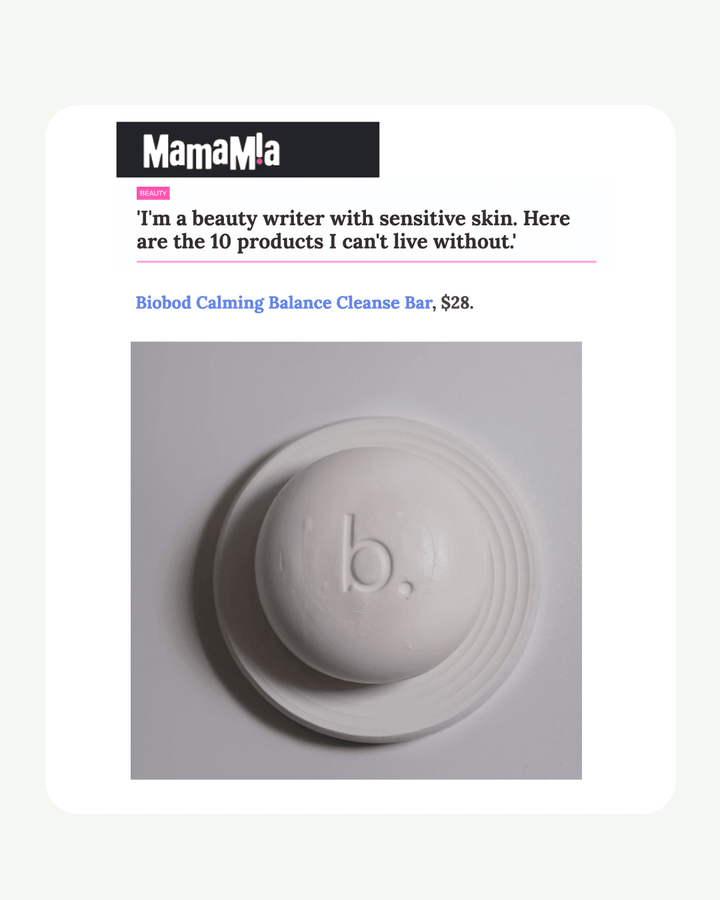 Biobod Calming Balance Cleanse Bar face wash for sensitive combination skin on a white background with 'MamaMia' text overlay.