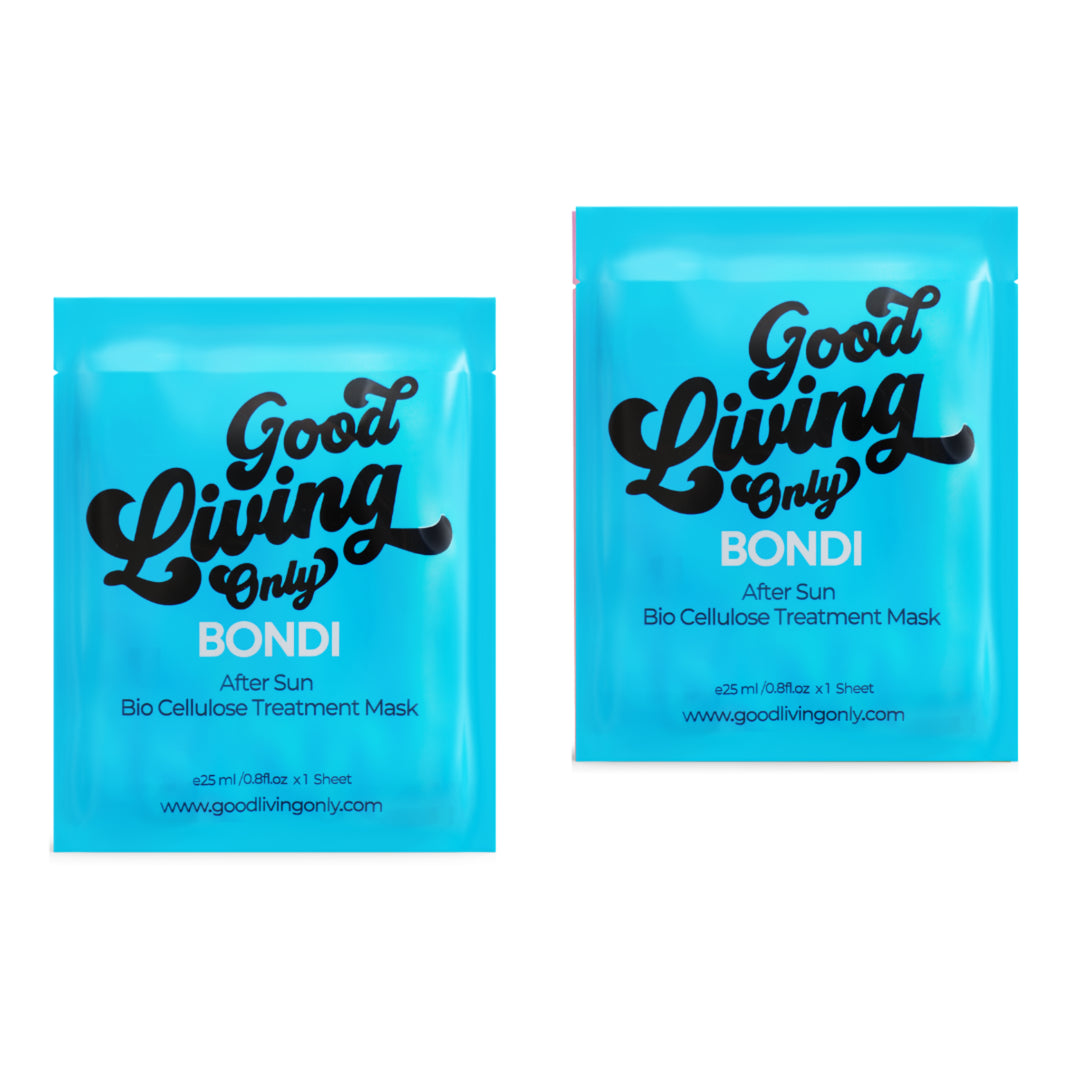 Soothing 'Bondi After Sun' bio cellulose sheet mask from Good Living Only. A 25ml treatment designed to revitalize and hydrate sun-kissed skin, infused with rejuvenating ingredients ideal for the Australian summer. Promises a nourished and radiant complexion.