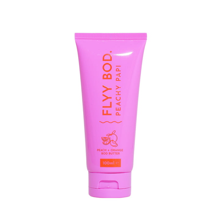 Flyy Bod's Peachy Papi body butter, 100ml vibrant pink tube with peach and orange bod butter, a hydrating skin care product available in Australia.