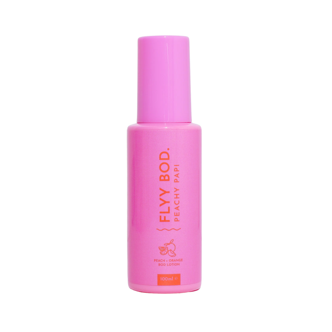 Vibrant pink 100ml Flyy Bod Peachy Papi body lotion bottle with a distinctive peach and orange fragrance, from the Australian-made natural skincare range, prominently displayed with crisp and clear product labeling for easy online shopping in Australia.