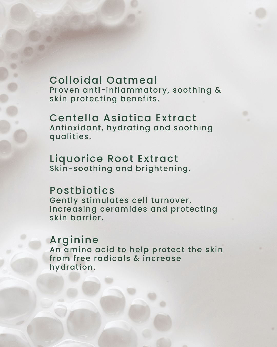 List of skincare ingredients face wash for sensitive combination skin with a close-up of bubbles in the background