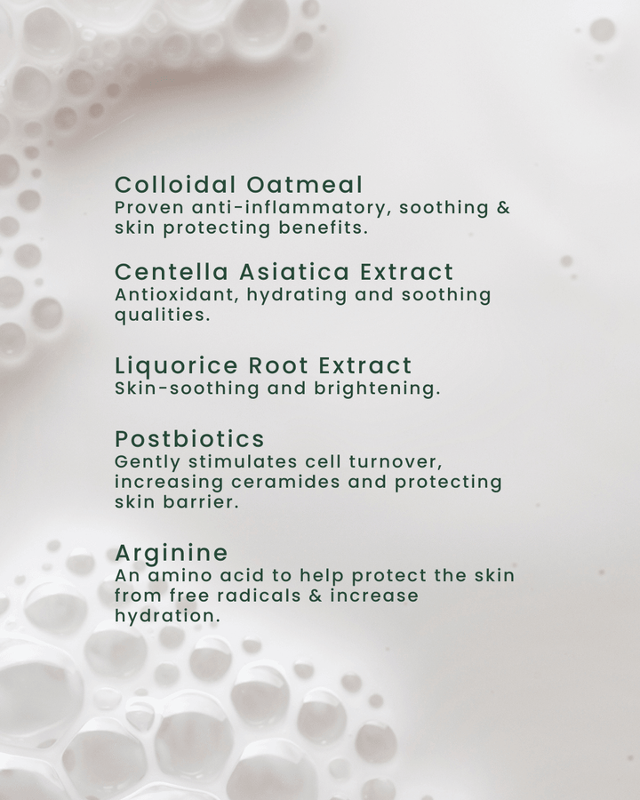 List of skincare ingredients face wash for sensitive combination skin with a close-up of bubbles in the background