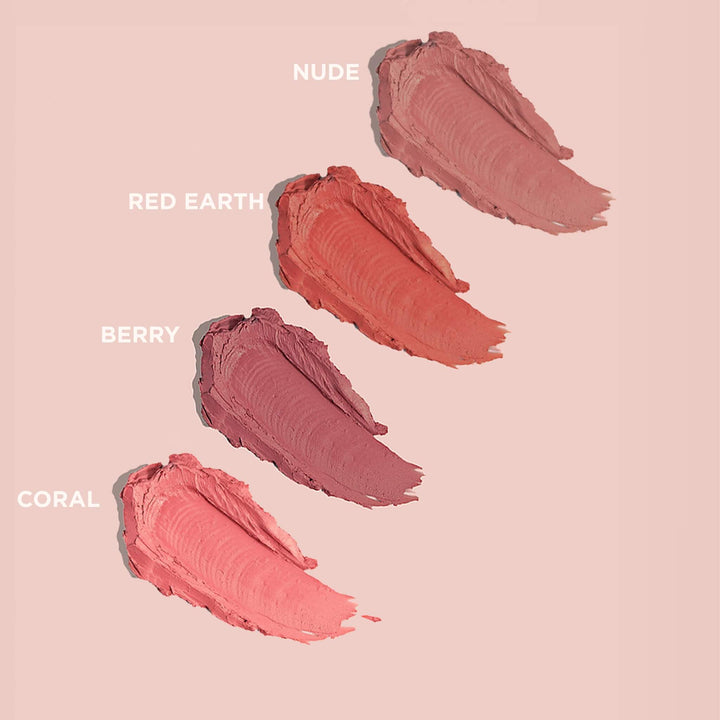 Mineral sunscreen cheek tint swatches from Avocado Zinc for sun protection on a brown background. 