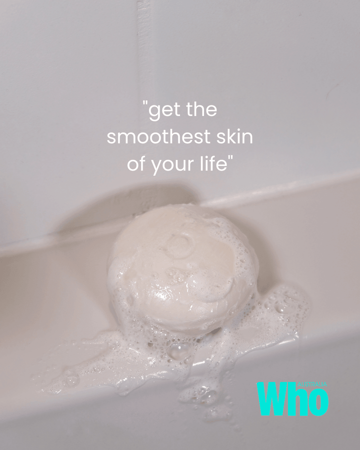 Foamy face wash for sensitive combination skin in a bathtub with 'get the smoothest skin of your life' text and 'Who' brand logo.