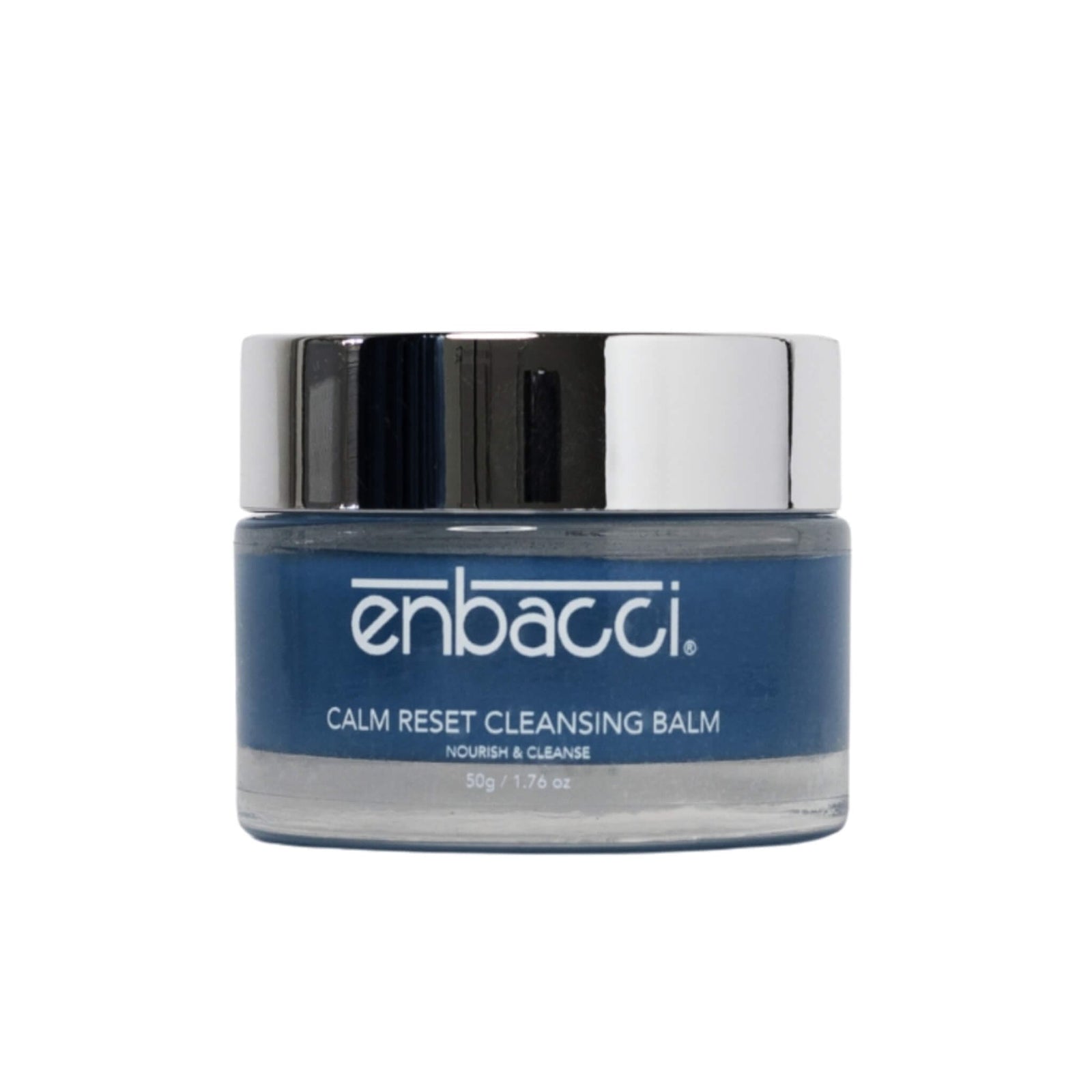 Enbacci Calm Reset Cleansing Balm jar on white background, gentle oil-to-milk cleanser with Blue Tansy for sensitive and reactive skin