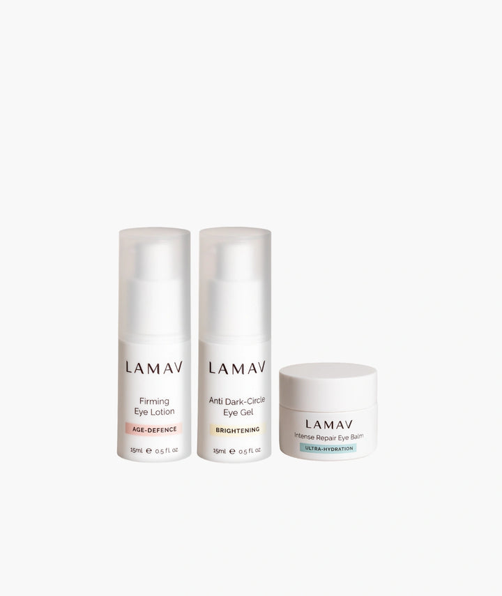 Natural eye care routine featuring LAMAV Anti Dark-Circle Eye Gel, Firming Eye Lotion and Intense Repair Eye Balm to target dark circles, puffiness and fine lines.