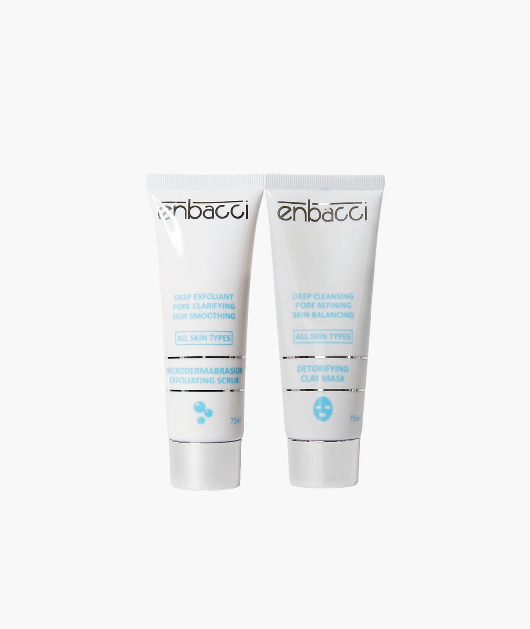 Enbacci Deep Cleansing Set skincare duo including Detoxifying Clay Mask and Microdermabrasion Exfoliating Scrub designed to cleanse pores, remove impurities and improve skin texture.