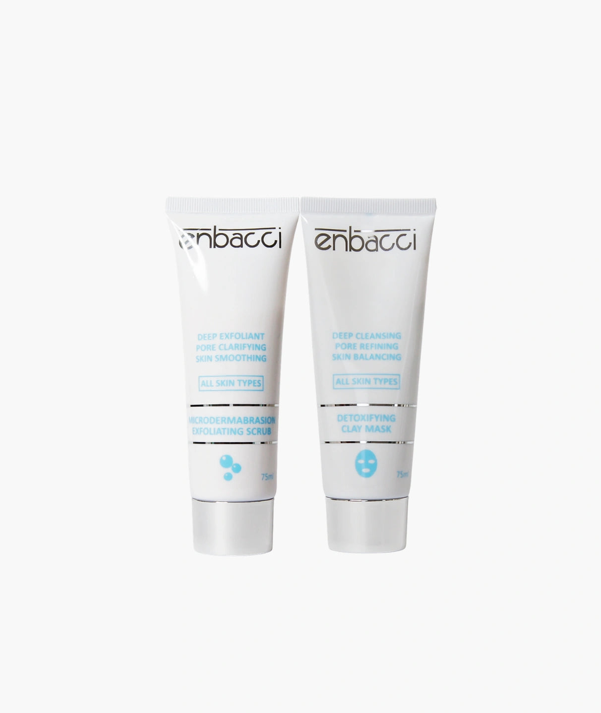 Enbacci Deep Cleansing Set skincare duo including Detoxifying Clay Mask and Microdermabrasion Exfoliating Scrub designed to cleanse pores, remove impurities and improve skin texture.