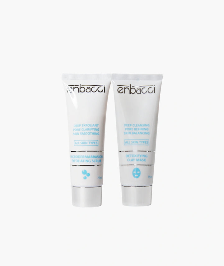 Enbacci Deep Cleansing Set skincare duo including Detoxifying Clay Mask and Microdermabrasion Exfoliating Scrub designed to cleanse pores, remove impurities and improve skin texture.