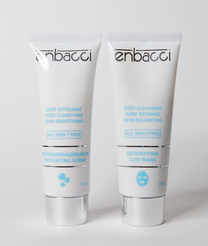 Enbacci Deep Cleansing Set featuring Detoxifying Clay Mask and Microdermabrasion Exfoliating Scrub for deep cleansing, pore refining, exfoliation and smoother-looking skin, available at VAMS Beauty Australia.
