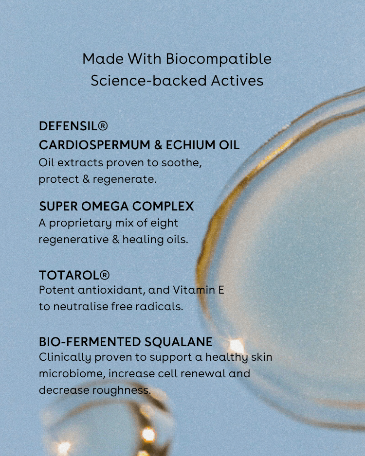 Product description card with text about Face oil for acne prone skin biocompatible science-backed actives on a blue background.