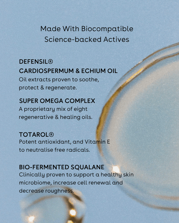 Product description card with text about Face oil for acne prone skin biocompatible science-backed actives on a blue background.