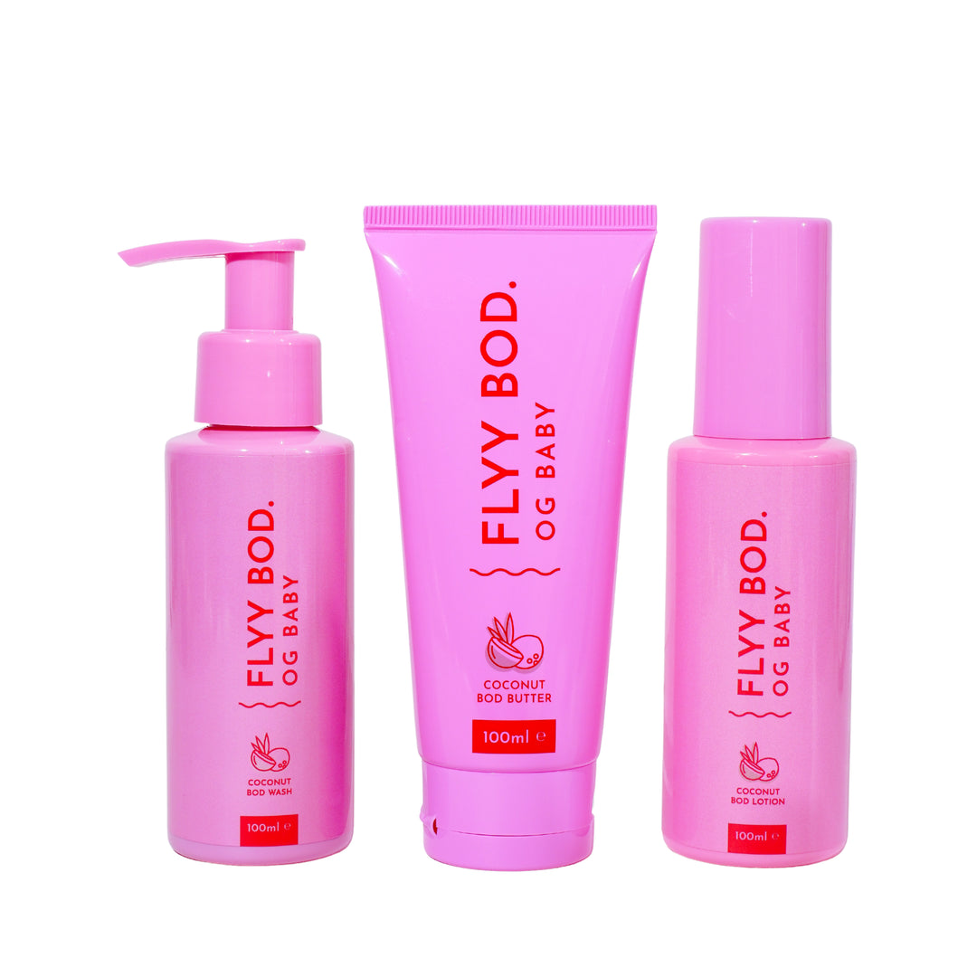 Bright pink FLYY BOD body care trio featuring Peachy Papi body butter, body lotion, and body wash, presented against a clean white background, highlighting Australian-made natural skincare. Shop Aboriginal Owned and Operated Brand.