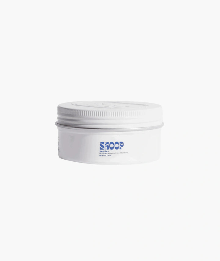 Skoop Hand Hero Antiperspirant Dry Touch Hand Cream in aluminium tin, lightweight hand cream formulated to help absorb excess moisture, reduce sweaty hands and provide long-lasting comfort throughout the day.