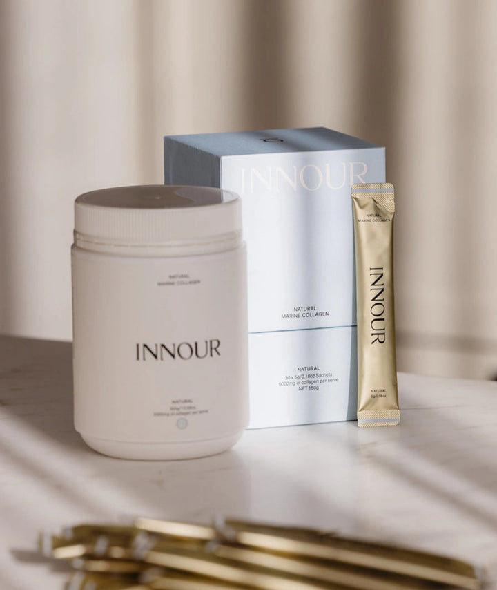 Innour Natural Marine Collagen powder jar, sachet and gift box for skin glow, hair, nails and wellness at VAMS Beauty Australia