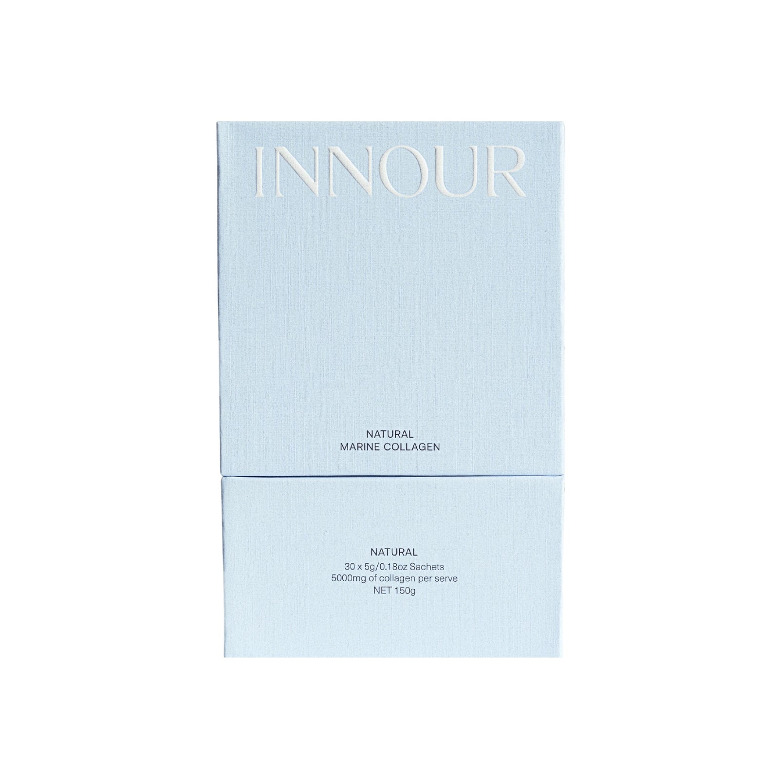 Natural marine collagen powder in a clean, minimalist blue box, featuring 5000mg premium marine collagen per serve for skin and wellness.