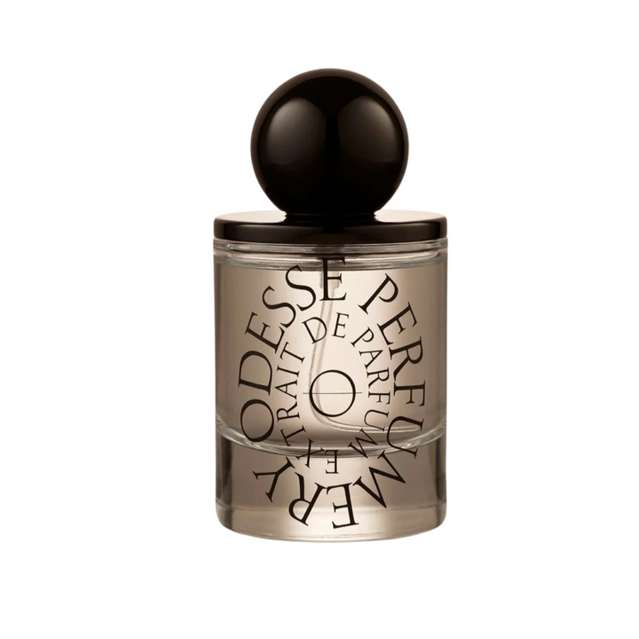 Transparent perfume bottle with black cap and stylized typography of 'ODESSE PARFUM' against a white background, evoking a sense of luxury and elegance in the design. The best Australian made perfumes, affordable natural perfumes. 