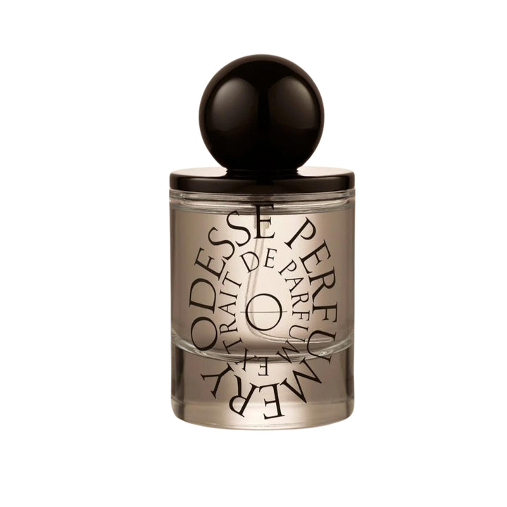 Transparent perfume bottle with black cap and stylized typography of 'ODESSE PARFUM' against a white background, evoking a sense of luxury and elegance in the design. The best Australian made perfumes, affordable natural perfumes