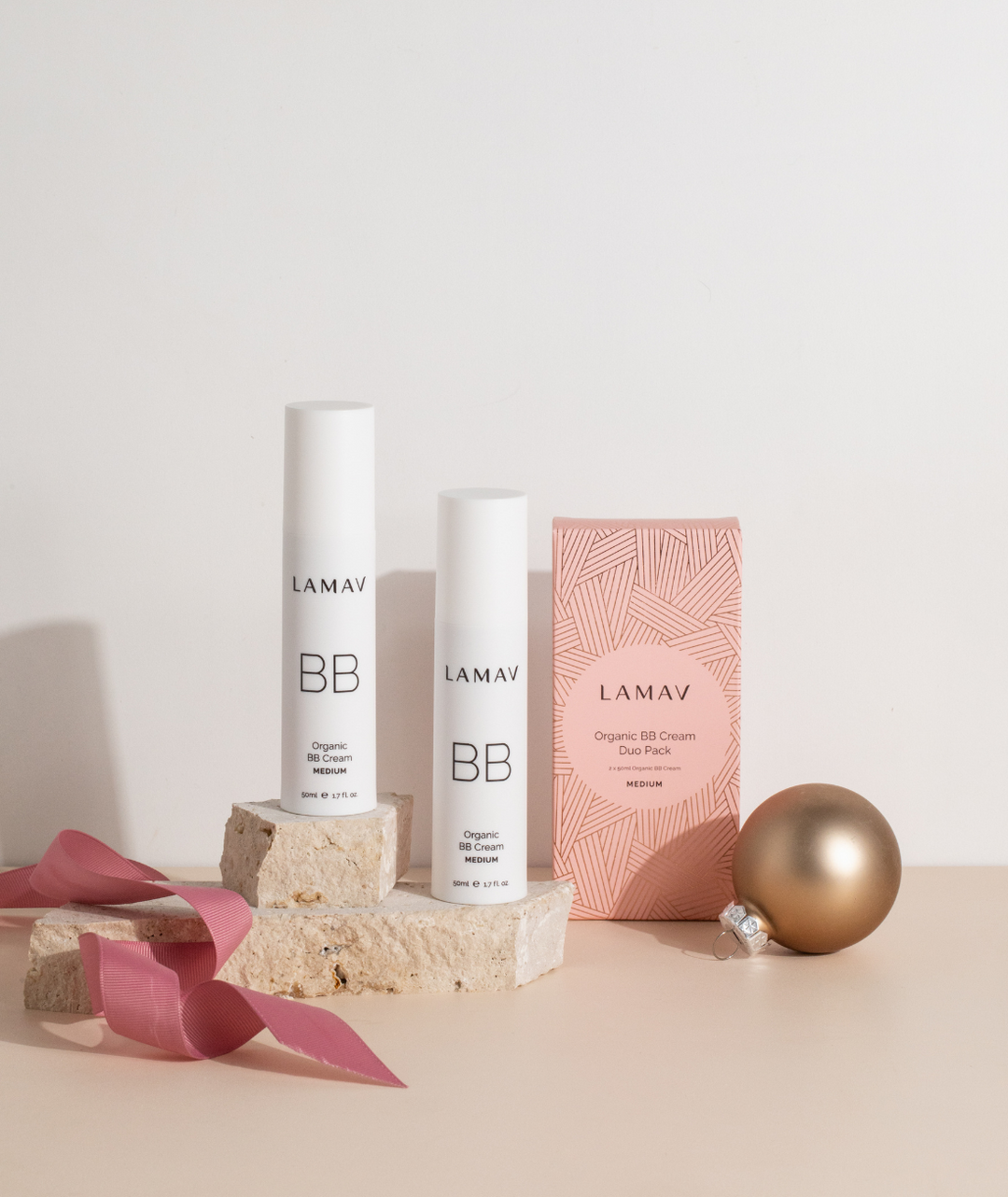 LAMAV skincare products on a neutral background