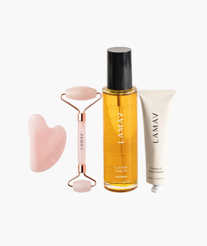 LAMAV Pregnancy Pamper Pack, a certified organic pregnancy gift set with body oil, hand cream and gua sha