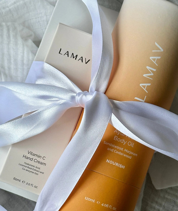 LAMAV Pregnancy Pamper Pack flat lay organic pregnancy gift set for an expecting mum