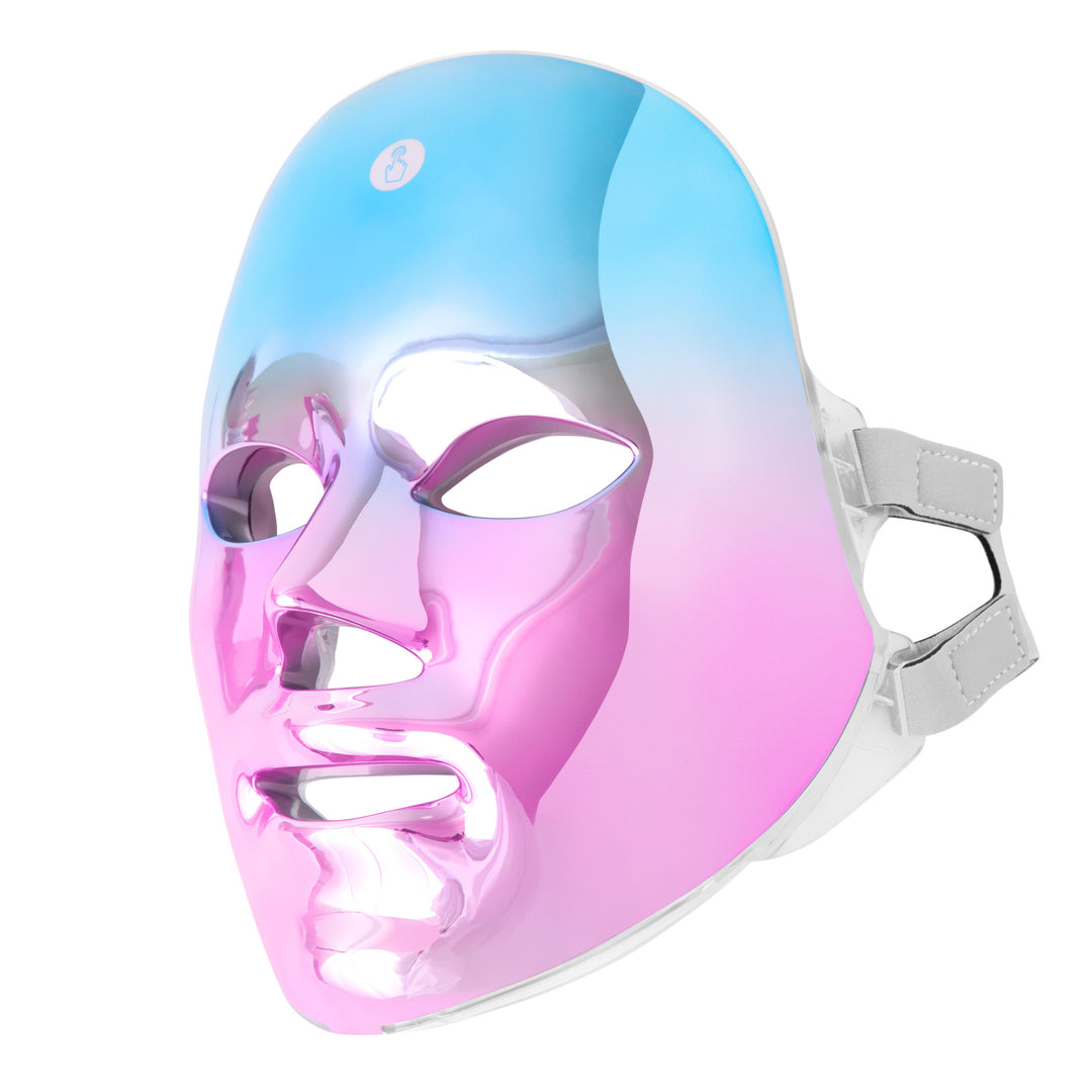 An LED therapy mask with a gradient of blue to pink hues, featuring adjustable straps, targeting tech-savvy skincare lovers in Australia.