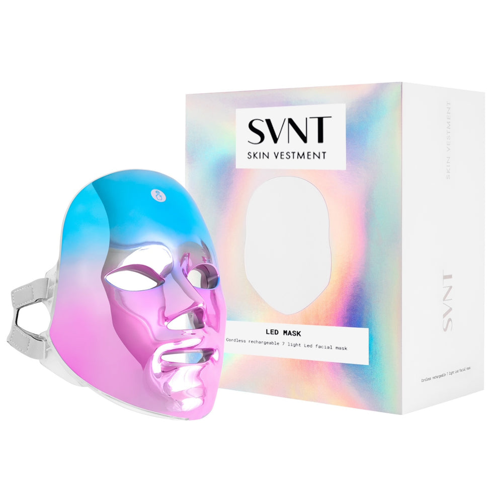  SVNT LED therapy mask with holographic packaging, a cordless rechargeable 7-light facial mask, aligning with Australia's advanced beauty tech market.