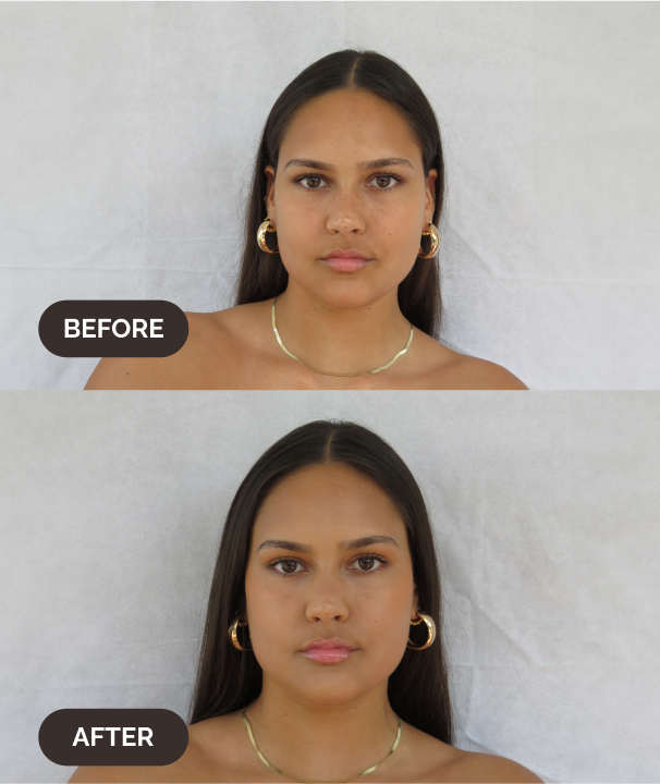 Before and after comparison of a woman wearing gold jewelry against a white background