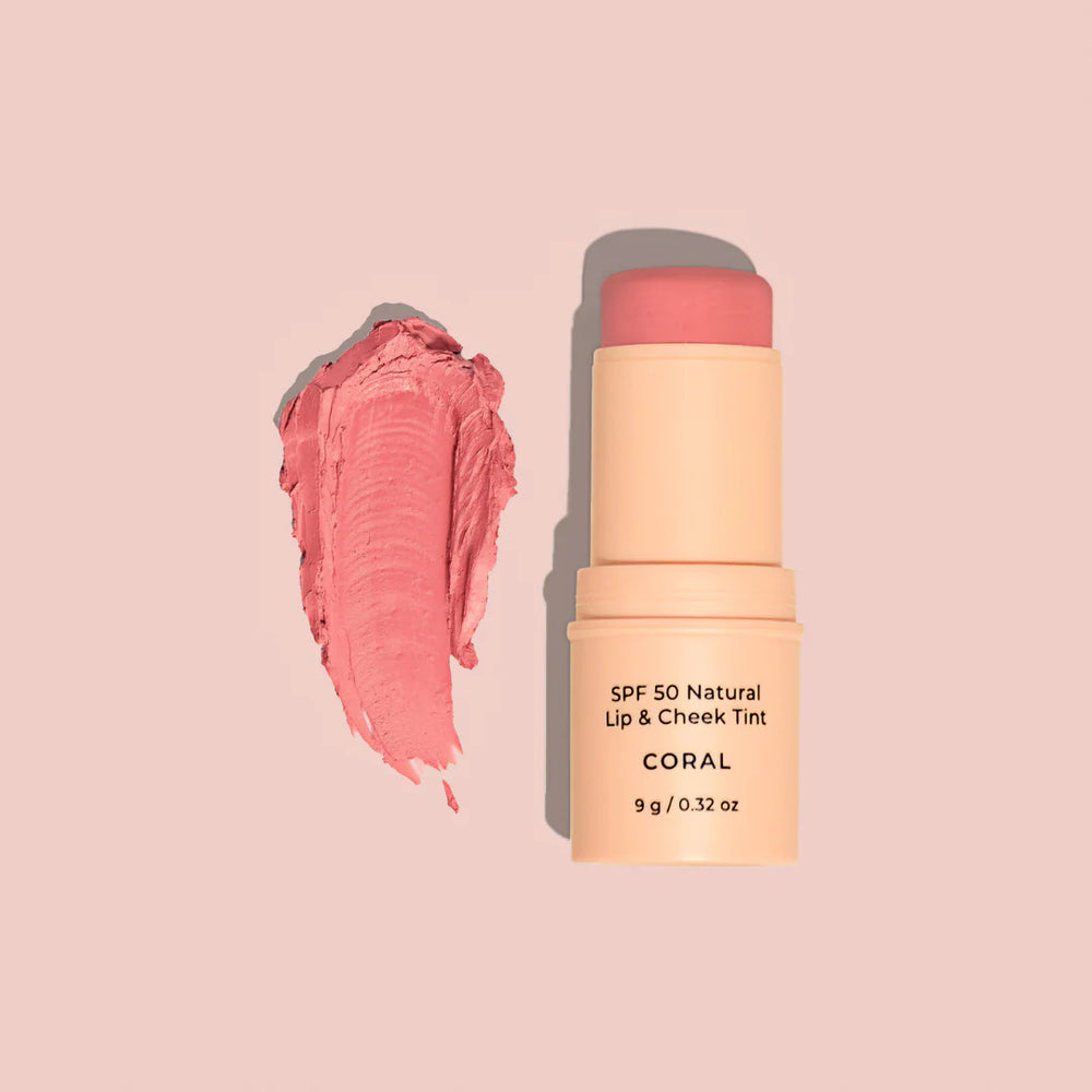 SPF 50 Natural Lip & Cheek Tint in Coral by Avocado Zinc, 9g stick with a swatch alongside, perfect for Australian beauty and sun care needs.