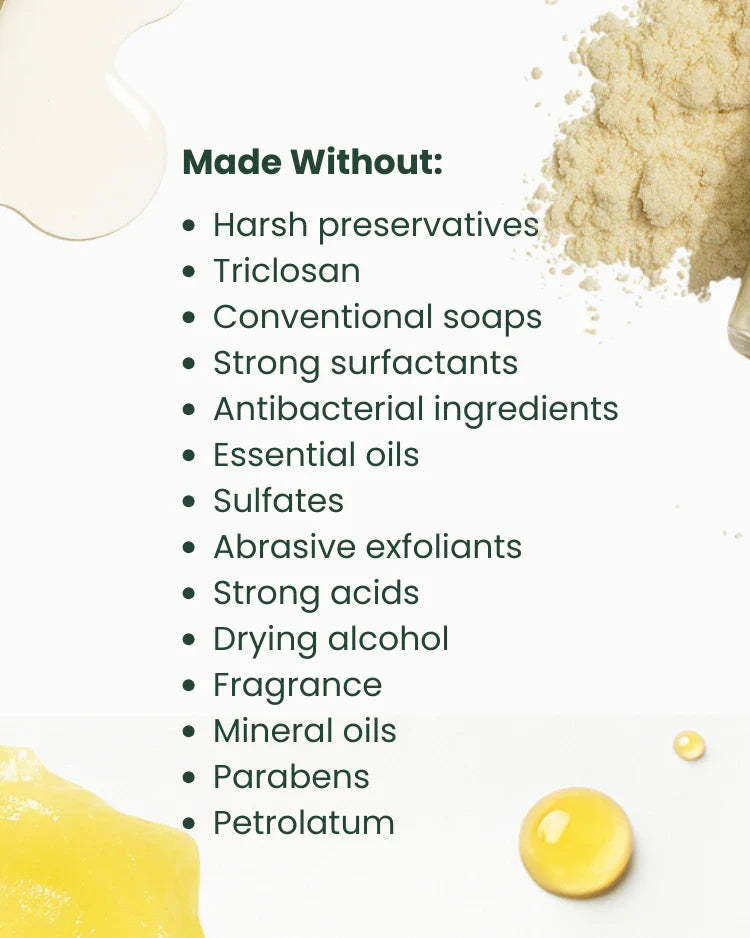 List of ingredients not used in a product, with a close-up of a yellow substance and a white background.