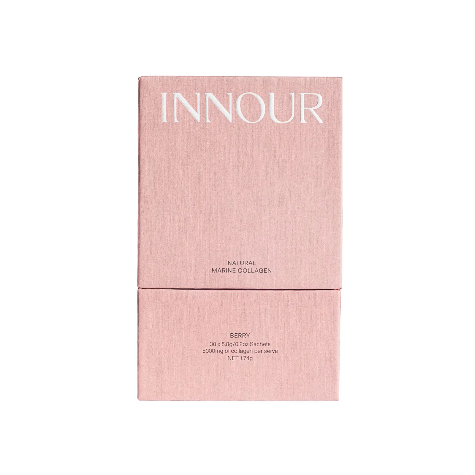 INNOUR Natural Marine Collagen in Berry flavour, featuring 30 sachets with 5000mg of collagen per serve. Packaged in an elegant pink box, this premium supplement supports skin health, elasticity and hydration, offering a convenient and delicious addition to daily wellness routines.